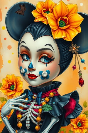 of a very beautiful young woman Minnie Mouse with yellow, orange flowers in her hair, by Dave Arredondo, gothic art, Minnie Mouse, beautiful art uhd 8 k, skeleton girl, character design contest winner, Frida, rossdraws and jazza, high detail picture, clown girl, she is Mexican, style by Tom Bagshaw, beautiful mouse - girl,

art_solyanka,ART_painting,colored pencil,sketch,watercolor paper,paper texture, watercolor