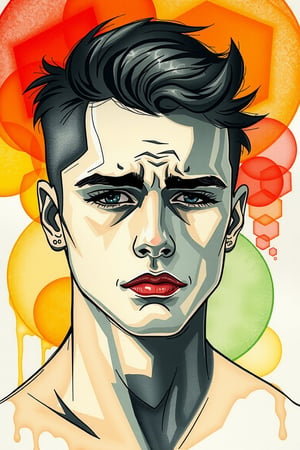 surreal portrait of a handsome young man made in watercolor, large bright blurred watercolor geometric shapes (orange, red, green) in the foreground portrait of a young man in black marker, his sad face, with half-closed eyes, long thick eyelashes, thin lips with corners down, masterpiece, modern art, abstraction.

art_solyanka,ART_painting,colored pencil,sketch,watercolor paper,paper texture, watercolor