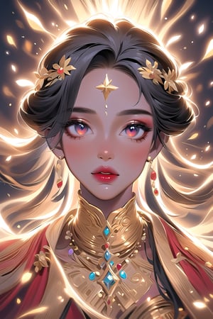 ((1girl), (Artgerm, WLOP, Greg Rutkowski; beautiful hot African voodoo goddess, detailed full body, black hair, intricately designed beautiful face, intricately designed gold and red open clothes, very big chest, photograph taken on Nikon D750, Intricate, Elegant, digital illustration, scenic, hyper-realistic, hyper-detailed), beautiful eyes, high detail, ((clear face)), light falls on her face, (icinematic, inner glowing shining, transparent body, beautiful detailed eyes, beautiful detailed lips, long eyelashes, soft flowing black hair with golden strands, gems in the hairstyle, soft ambient lighting, sublime beauty, sublime beauty, gentle mist, impeccable composition, vivid colors, luminous glow, fantasy element, mysterious charm, dreamlike quality, hauntingly beautiful, serene atmosphere, enchanting allure, cinematic), beautiful view, motion blur, brushstrokes, concept art, beautiful, masterpiece, 8k, fractral neon, soft style, soft background, soft blurry brushstroke, airbrushing, pastel painting, eye contact, LED star, K-Eyes, NIJI STYLE,NIJI STYLE,K-Eyes