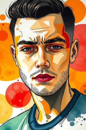 surreal portrait of a handsome young man made in watercolor, large bright blurred watercolor geometric shapes (orange, red, green) in the foreground portrait of a young man in black marker, his sad face, with half-closed eyes, long thick eyelashes, thin lips with corners down, masterpiece, modern art, abstraction.

art_solyanka,ART_painting,colored pencil,sketch,watercolor paper,paper texture, watercolor