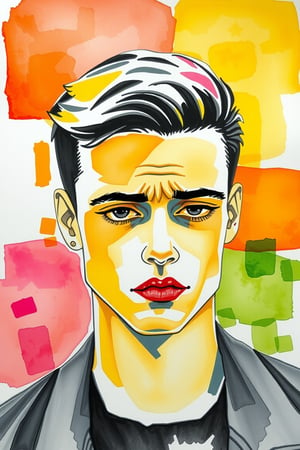 surreal portrait of a handsome young man made in watercolor, large bright blurred watercolor geometric shapes (orange, red, green) in the foreground portrait of a young man in black marker, his sad face, with half-closed eyes, long thick eyelashes, thin lips with corners down, masterpiece, modern art, abstraction.

art_solyanka,ART_painting,colored pencil,sketch,watercolor paper,paper texture, watercolor