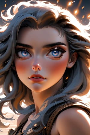 Style by NTY, ((1girl) (((Full body image, handsome (Xena is a warrior queen with long dark blue hair with golden strands), without her shirt, (holds a shakram in her hands, The girl stands on an empty battlefield, swords stuck into the ground around), realistic, wave hair, romantic expression, soft lighting, character design, oil painting))), beautiful eyes, high detail, ((clear face)), light falls on her face, (icinematic, inner glowing shining, transparent body, beautiful detailed eyes, beautiful detailed lips, soft ambient lighting, sublime beauty, sublime beauty, gentle mist, impeccable composition, vivid colors, luminous glow, fantasy element, mysterious charm, dreamlike quality, hauntingly beautiful, serene atmosphere, enchanting allure, cinematic), beautiful view, motion blur, brushstrokes, concept art, beautiful, masterpiece, 8k, fractral neon, soft style, soft background, soft blurry brushstroke, airbrushing, pastel painting, eye contact, LED star, (dinamic pose, cinematic, ((fantasy creature, beautiful view, motion blur, brushstrokes, concept art))) K-Eyes, NIJI STYLE,K-Eyes