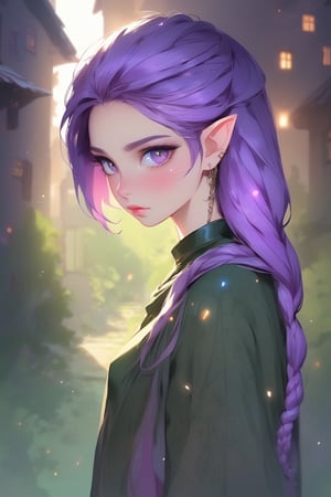 1girl, elven features, braid hairstyle, pale green eyes, purple hair with white inclusion, sexual casual outfit, semirealism, detailed clothes, detailed jewerly, city background, elven style tattoo, dark black soft palette, flat lighting, full body portrayal,Comic Book-Style,more saturation ,K-Eyes
