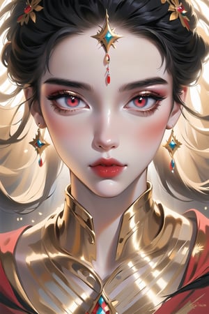 ((1girl), (Artgerm, WLOP, Greg Rutkowski; beautiful hot African voodoo goddess, detailed full body, black hair, intricately designed beautiful face, intricately designed gold and red open clothes, very big chest, photograph taken on Nikon D750, Intricate, Elegant, digital illustration, scenic, hyper-realistic, hyper-detailed), beautiful eyes, high detail, ((clear face)), light falls on her face, (icinematic, inner glowing shining, transparent body, beautiful detailed eyes, beautiful detailed lips, long eyelashes, ((soft flowing black hair with golden strands, gems in the hairstyle)), soft ambient lighting, sublime beauty, sublime beauty, gentle mist, impeccable composition, vivid colors, luminous glow, fantasy element, mysterious charm, dreamlike quality, hauntingly beautiful, serene atmosphere, enchanting allure, cinematic), beautiful view, motion blur, brushstrokes, concept art, beautiful, masterpiece, 8k, fractral neon, soft style, soft background, soft blurry brushstroke, airbrushing, pastel painting, eye contact, LED star, K-Eyes, NIJI STYLE,NIJI STYLE,K-Eyes
