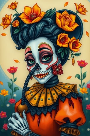 of a very beautiful young woman Minnie Mouse with yellow, orange flowers in her hair, by Dave Arredondo, gothic art, Minnie Mouse, beautiful art uhd 8 k, skeleton girl, character design contest winner, Frida, rossdraws and jazza, high detail picture, clown girl, she is Mexican, style by Tom Bagshaw, beautiful mouse - girl,

art_solyanka,ART_painting,colored pencil,sketch,watercolor paper,paper texture, watercolor