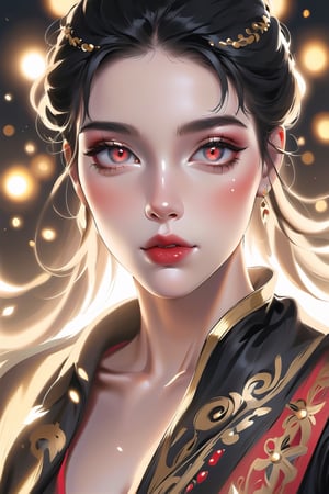 ((1girl), (Artgerm, WLOP, Greg Rutkowski, beautiful hot African voodoo goddess, detailed full body, black leather, black hair, intricately designed beautiful face, intricately designed gold and red open clothes, very big chest, photograph taken on Nikon D750, Intricate, Elegant, digital illustration, scenic, hyper-realistic, hyper-detailed), beautiful eyes, high detail, ((clear face)), light falls on her face, (icinematic, inner glowing shining, transparent body, beautiful detailed eyes, beautiful detailed lips, long eyelashes, ((soft flowing black hair with golden strands, gems in the hairstyle)), soft ambient lighting, sublime beauty, sublime beauty, gentle mist, impeccable composition, vivid colors, luminous glow, fantasy element, mysterious charm, dreamlike quality, hauntingly beautiful, serene atmosphere, enchanting allure, cinematic), beautiful view, motion blur, brushstrokes, concept art, beautiful, masterpiece, 8k, fractral neon, soft style, soft background, soft blurry brushstroke, airbrushing, pastel painting, eye contact, LED star, K-Eyes, NIJI STYLE,NIJI STYLE,K-Eyes