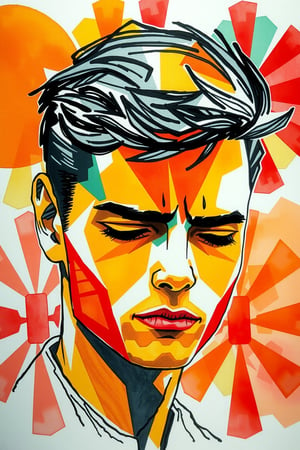 surreal portrait of a handsome young man made in watercolor, large bright blurred watercolor geometric shapes (orange, red, green) in the foreground portrait of a young man in black marker, his sad face, with half-closed eyes, long thick eyelashes, thin lips with corners down, masterpiece, modern art, abstraction.

art_solyanka,ART_painting,colored pencil,sketch,watercolor paper,paper texture, watercolor