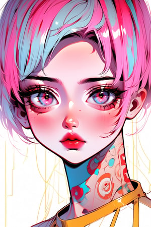 (in the style of Carne Griffiths, Conrad Roset), ultra realistic, beautiful, masterpiece, 8k, 1girl, fractral neon, cyberpunk, crimson cutouts, eye contact, LED stars, more detail XL,K-Eyes,comic book