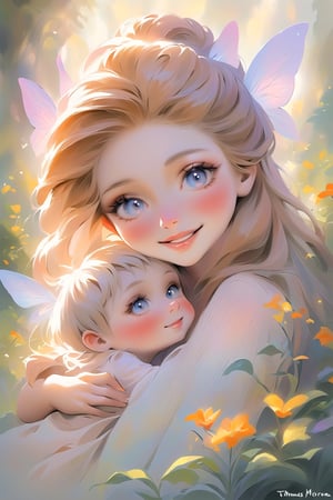 Style by NTY, ((1girl) (1baby boy)), (beautiful girl smiles, young beautiful woman with baby boy, mom hugs baby boy, mom fairy, baby fairy, fairy fairy wings, fantasy, ((Watercolor drawing by Thomas Moran)), beautiful eyes, high detail, clear face, light falls on her face, fairy-tale world, wildflowers, sunny day, voluminous lighting, vintage, soft morning light, sunlight glinting on her skin), beautiful eyes, high detail, ((clear face)), light falls on her face, (icinematic, inner glowing shining, transparent body, beautiful detailed eyes, beautiful detailed lips, long eyelashes, soft flowing hair, soft ambient lighting, sublime beauty, sublime beauty, gentle mist, impeccable composition, vivid colors, luminous glow, fantasy element, mysterious charm, dreamlike quality, hauntingly beautiful, serene atmosphere, enchanting allure, cinematic), beautiful view, motion blur, brushstrokes, concept art, beautiful, masterpiece, 8k, fractral neon, soft style, soft background, soft blurry brushstroke, airbrushing, pastel painting, eye contact, LED star, K-Eyes, NIJI STYLE,K-Eyes