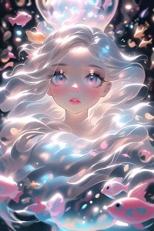 ((1girl)), (the girl is sitting on a transparent holographic inflatable chair, an inflatable aquarium chair, fish are swimming inside the chair), beautiful eyes, high detail, ((clear face)), light falls on her face, (icinematic, inner glowing shining, transparent body, beautiful detailed eyes, beautiful detailed lips, extremely detailed eyes and face, long eyelashes, soft flowing hair, graceful pose, ethereal atmosphere, soft ambient lighting, subtle color grading, sublime beauty, sublime beauty, ethereal background, captivating aura, magical scene, gentle mist, serene environment, surreal ambiance, impeccable composition, vivid colors, luminous glow, fantasy element, mysterious charm, dreamlike quality, hauntingly beautiful, peaceful expression, serene atmosphere, effortless elegance, enchanting allure, mesmerizing presence, sublime grace, transcendent beauty, dinamic pose, cinematic), beautiful view, motion blur, brushstrokes, concept art, beautiful, masterpiece, 8k, fractral neon, soft style, soft background, soft blurry brushstroke, airbrushing, pastel painting, eye contact, LED star, K-Eyes, NIJI STYLE