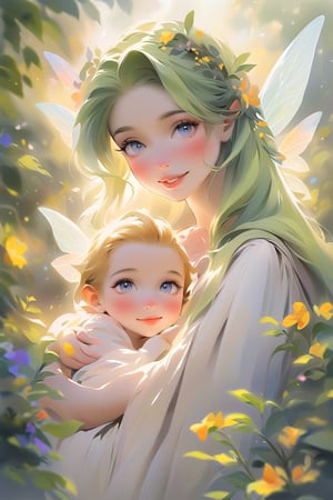 Style by NTY, ((1girl) (1baby boy)), (beautiful girl smiles, young beautiful woman with baby boy, mom hugs baby boy, mom fairy, baby fairy, fairy fairy wings, fantasy, ((Watercolor drawing by Thomas Moran)), beautiful eyes, high detail, clear face, light falls on her face, fairy-tale world, wildflowers, sunny day, voluminous lighting, vintage, soft morning light, sunlight glinting on her skin), beautiful eyes, high detail, ((clear face)), light falls on her face, (icinematic, inner glowing shining, transparent body, beautiful detailed eyes, beautiful detailed lips, long eyelashes, soft flowing green hair with foliage and flowers, soft ambient lighting, sublime beauty, sublime beauty, gentle mist, impeccable composition, vivid colors, luminous glow, fantasy element, mysterious charm, dreamlike quality, hauntingly beautiful, serene atmosphere, enchanting allure, cinematic), beautiful view, motion blur, brushstrokes, concept art, beautiful, masterpiece, 8k, fractral neon, soft style, soft background, soft blurry brushstroke, airbrushing, pastel painting, eye contact, LED star, K-Eyes, NIJI STYLE