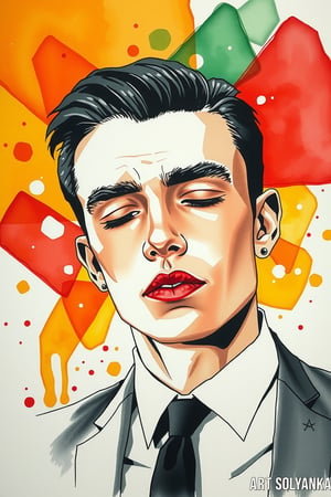 surreal portrait of a handsome young man made in watercolor, large bright blurred watercolor geometric shapes (orange, red, green) in the foreground portrait of a young man in black marker, his sad face, with half-closed eyes, long thick eyelashes, thin lips with corners down, masterpiece, modern art, abstraction.

art_solyanka,ART_painting,colored pencil,sketch,watercolor paper,paper texture, watercolor