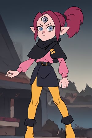 Trhee eyes,AmityS1,luz_timeskip, three eyes, 1girl, blue eyes, dark pink hair, an eye in forehead, 3eyes, yellow legwear, yellow sleeves, black capelet, black belt, pointy ears, gray tunic, black boots, perfect anatomy, dark pink hair, ponytail hair, gray scarf,
