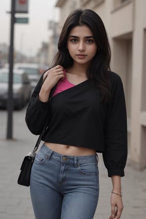 a Pakistani 20 years young girl, rectangle shape face, black eyes, Hair is falling on the head, normal hair, black eyes, wearing jeans and top 