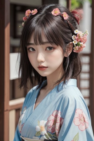1girl, solo, outdoor, cute japanese model girl, kimono, floral print, hair ornament, looking at viewer, hair flower, brown eyes, bangs, ramen shop ,
masterpiece, best quality, realistic,sannomiyanishi