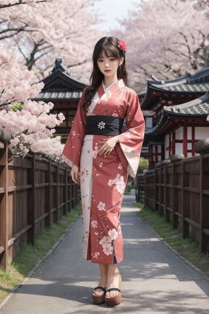 1girl, solo, outdoor, cute japanese model girl, kimono, floral print, hair ornament, looking at viewer, hair flower, brown eyes, bangs, cherry blossom grove, japaness clogs,  full body shot, 
masterpiece, best quality, realistic