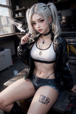 Highly detailed, High Quality, Masterpiece, beatiful, sexy girl, girl with black and white hair with 2 pigtails on the sides wearing a crop top with a jacket and mini shorts, tattoos around her body, pendants, a black choker, boots, black and white eyes, black smoke around, Half Color