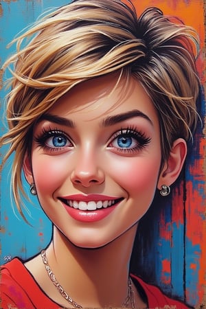 A street art style digital illustration of a macro close-up portrait of a beautiful woman with blue eyes, adorable with a nice smile, and pixie cut hair. The woman's features are vibrant and expressive, with bold lines and dynamic colors typical of street art. The composition captures her charming smile and striking blue eyes, creating a lively and engaging image.