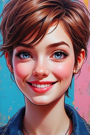 A street art style digital illustration of a macro close-up portrait of a beautiful woman with blue eyes, adorable with a nice smile, and pixie cut hair. The woman's features are vibrant and expressive, with bold lines and dynamic colors typical of street art. The composition captures her charming smile and striking blue eyes, creating a lively and engaging image.