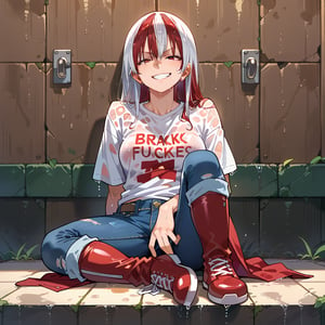 1girls,shoto_todoroki,femme_fatale,freckles,long_hair,smirking_smile_face,score_9,score_8_up,score_7_up,source_anime,BREAK,sweat,shiny_skin,shiny,wet,plain_white_short_t-shirt, short_jeans,full_body