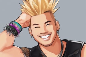 DJ Lovin'U, 37 years old, 1boy, male focus, big smile, spiky blonde hair, left hand up in the air