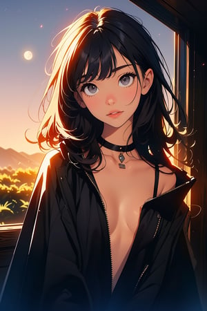 one adult girl, black hair, medium chest, straight bangs, gray eyes, gray eye, long hair, korean eyes, korean anime girl, medium chest, full lips, small lips, big korean eyes, gray eyes, black hair, completely black hair, straight bangs through the eyebrows, black-hair, long hair, long_hair
((Full body)) little chest, full lips, small lips,, full lips, small lips,
1 girl, expression of security and liveliness, insightful, mischievous smile, fixed gaze.
 GRAY EYES. chocker
A slightly eerie landscape, where twilight wraps everything in a cloak of mystery. The moon's soft, ethereal light illuminates the scene, highlighting the girl's beauty as she stands at the center of this shadowy serenity. Nightfall has arrived, bringing with it a strange and fascinating peace that seems to envelop the girl, making her shine with a light of her own