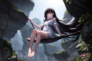 one girl alone, beautiful, black hair, medium chest, straight bangs, gray eyes, gray eye, long hair, korean eyes, korean anime girl, medium chest, full lips, small lips, big korean eyes, gray eyes, black hair, completely black hair, straight bangs through the eyebrows, black-hair, long hair, long_hair
((Full body)) medium neckline,
Shrewd, self-confident, mischievous, optimistic, active. 
The girl's gaze is fixed and determined, demonstrating determination and firmness. perfect light that generates a clear and brilliant atmosphere. 
yellow dress, short sleeves,
lots of clothes, fully dressed except the neckline.
Beautiful landscape
The girl is climbing a mountain, she has one foot on a rock, the other foot is trying to reach another rock, It is in the center of a beautiful landscape full of colorful flowers and danger everywhere due to the high altitude where the woman is. the style of the image hope and optimism Although in a distant area darkness and death are seen. At the top she is waiting for someone, only a shadow of a man is seen who is nervously watching her