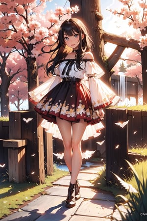 one adult girl alone, black hair, medium chest, straight bangs, gray eyes, gray eye, long hair, korean eyes, korean anime girl, medium chest, full lips, small lips, big korean eyes, gray eyes, black hair, completely black hair, black-hair, long hair, long_hair
((Full body)) little chest.
style anime.
expression of security and liveliness, insightful, mischievous smile, fixed gaze.
 GREY EYES. chocker, dress.
feminine and wild clothing from a magical world.
flowers, grass, possible variety of different landscapes. castle.
sexy angle of the camera shot. 
blue, red, yellow, wind, epic, colorfull clothes, 
Dramatic camera focus.
In the heart of a hidden valley, where sunlight filters through the leaves of ancient trees, a magical landscape unfolds. The ground, covered with soft silk-like moss, is painted with vibrant colors by the wildflowers that bloom in every corner. Trees with twisted trunks and branches that entwine like fingers seem to whisper ancient secrets to the wind.

In the center of the valley, a crystal-clear lake reflects the blue sky, creating a perfect mirror that appears to unite heaven and earth. The sound of a distant waterfall blends with the singing of birds, creating a magical symphony that envelops the landscape.

The morning mist slowly fades away, revealing magical details: flowers that shine with their own light, trees that change color with the sun's movement, and small creatures that hide in the shadows, watching with curiosity. In this place, nature and magic intertwine, creating a world of dreams and wonder.
cat, magic cat,.