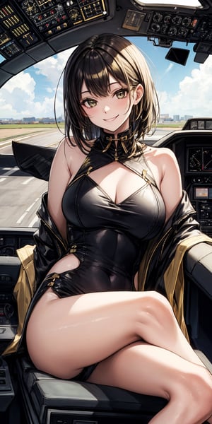 black, gold, summer afternoon, relaxed smile, b787 cockpit