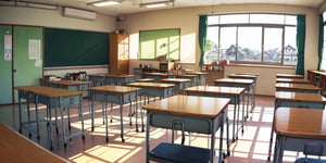 JAPAN classroom, school, town background, anime style, CLEAN room, fisheye len view