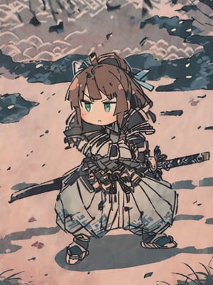 masterpiece, best quality, high Resolution, chibi style
1girl, yellow japanese armour, japanese sworld, katana, Jūmonji yari , [brown hair/green hari], green eyes, serious
iaidow, Right hand holding katana, left hand on hip, from right
field, morning, windy, hair flying, cute knight, warrior, Ukiyo-e