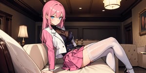 (((solo))), (((1 girl))), beautiful, masterpiece, best quality, extremely detailed face, perfect lighting, A mysterious woman, (((perfect anatomy))), (((right anatomy))), (((correct anatomy)))
white lace blouse, hot pink fit suit jacket, pink short skirts, blue eyes, waist long hair, hime cut hairstyle, see through stockings, sit on coach, cross legs, high heels
lobby of hotel, suit cases, pov from side