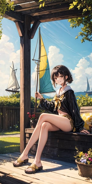 black, gold, summer afternoon, relaxed smile, yard sailing