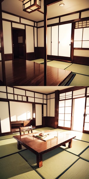 traditional japanese room, art room, beach background, anime style, CLEAN room, from top