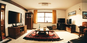 new york room, living room, town background, anime style, CLEAN room, fisheye len view