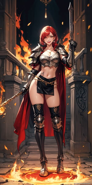beautiful, masterpiece, best quality, extremely detailed face, perfect lighting, full body
disdain laugh, crimson hair, short hair, lipstick, amber eyes, sexy oily skin, tattoo on right eye, ear ring, necklace
female knight, gold and black full armour, detailed full armour, runes armour, runes weapon, claymore, flame claymore, fine cape, Black