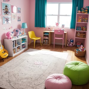 jk room, anime style, CLEAN room, posters, toys, from top