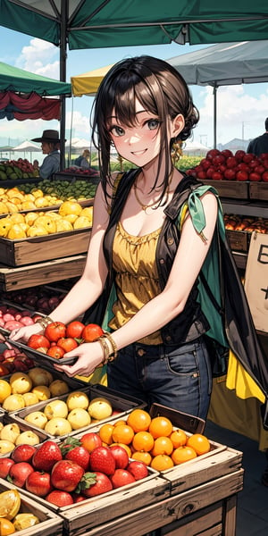 gold, black, summer afternoon, chill smile, farmer's market, picking