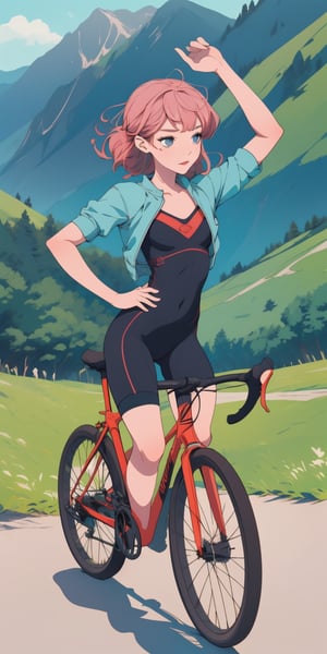 masterpiece, best quality, (((corect ratio))), chest up, poster, beautiful woman, breasty, morden road bicycle, morden road bicycle suit, long blue hair, pink streak hair, chignon, lively pose, mountainous scenery, flat illustration, in only two colors, 