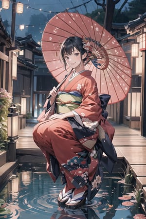 1 girl ,solo, smile, squat, midnight, rainy night, kimono, japanese traditional clothes, (from below 1.5), (random view 1.5), (full body 1.5),  very shallow water pond, reflection, hand reach to viewer, looking_at_viewer, street view,hand holding umbrella