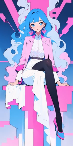 (((solo))), (((1 girl))), beautiful, masterpiece, best quality, extremely detailed face, perfect anatomy, perfect lighting, A mysterious woman
white blouse, hot pink fit suit jacket, pink fit long skirts, blue eyes, long hair, hime cut hairstyle, 5d see through black pantyhose, high heels, sitting_down