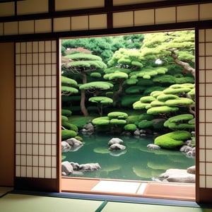 traditional japanese room, traditional japanese garden background, anime style, CLEAN room, from top