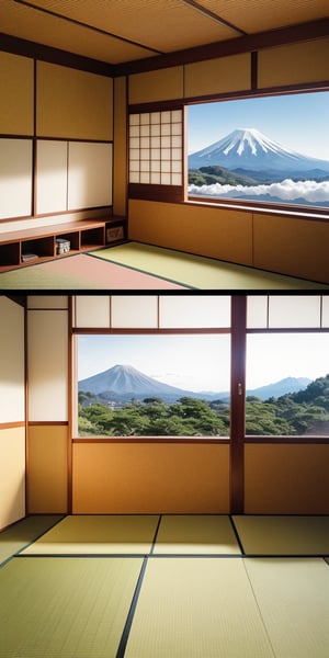 traditional japanese room, art room, traditional japanese yard background, fuji mountain background, anime style, CLEAN room, from top