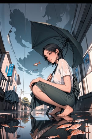 1 girl ,solo, squatting, midnight, rainy day, holding a normal umbrella, (from below 1.5), (1 quarter view 1.1), (fish eye 1.3), hand to viewer, wet floor, water pond, reflection, looking_at_viewer, street view