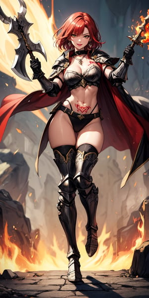 beautiful, masterpiece, best quality, extremely detailed face, perfect lighting, full body
disdain laugh, crimson hair, short hair, lipstick, amber eyes, sexy oily skin, tattoo on right eye, ear ring, necklace
female knight, gold and black, detailed full armour, runes armour, runes weapon, two-handed battle flame axe, fine cape, Black,genshinweapon