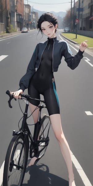 masterpiece, best quality, advertising poster, beautiful model, nice body, morden road bicycle, morden bicycle suit, open suit zip, long black hair, blue streak hair, hair chignon, lively pose, road scenery, flat illustration, only four colors, 