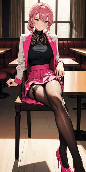 (((solo))), (((1 girl))), beautiful, masterpiece, best quality, extremely detailed face, perfect lighting, A mysterious woman, (((perfect anatomy))), (((right anatomy))), (((correct anatomy)))
white lace blouse, hot pink fit suit jacket, pink short skirts, blue eyes, waist long hair, hime cut hairstyle, see through stockings, sit on chair, cross legs, rogue high heels
street cafe, from bottom, PERFECT HANDS