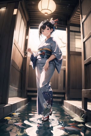 1 girl ,solo, smile, standing, midnight, rainy night, kimono, japanese traditional clothes, (from below 1.5), (random view 1.5), (fish eye 1.3), (full body 1.5), wet hair, wet skin, wet floor, very shallow water pond, reflection, looking_at_viewer, street view