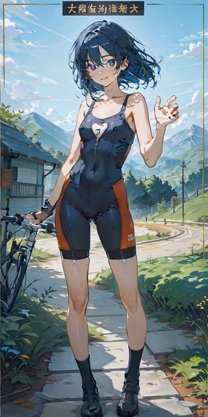 masterpiece, best quality, (((corect ratio))), chest up, poster, beautiful woman, breasty, morden road bicycle, morden road bicycle suit, long blue hair, pink streak hair, smile, very lively pose, mountainous scenery, flat illustration, in only two colors