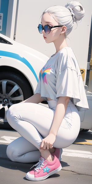 1 girl, lady, bright color, (graphic_oversize_shirt:1.5),  (white_leggings:1.5), converse sneakers, rainbow sun glasses, M squatting, high end decorations, full body, hair bun, NYC street, road curb, (low_angle:1.5), (under view shot:1.2)